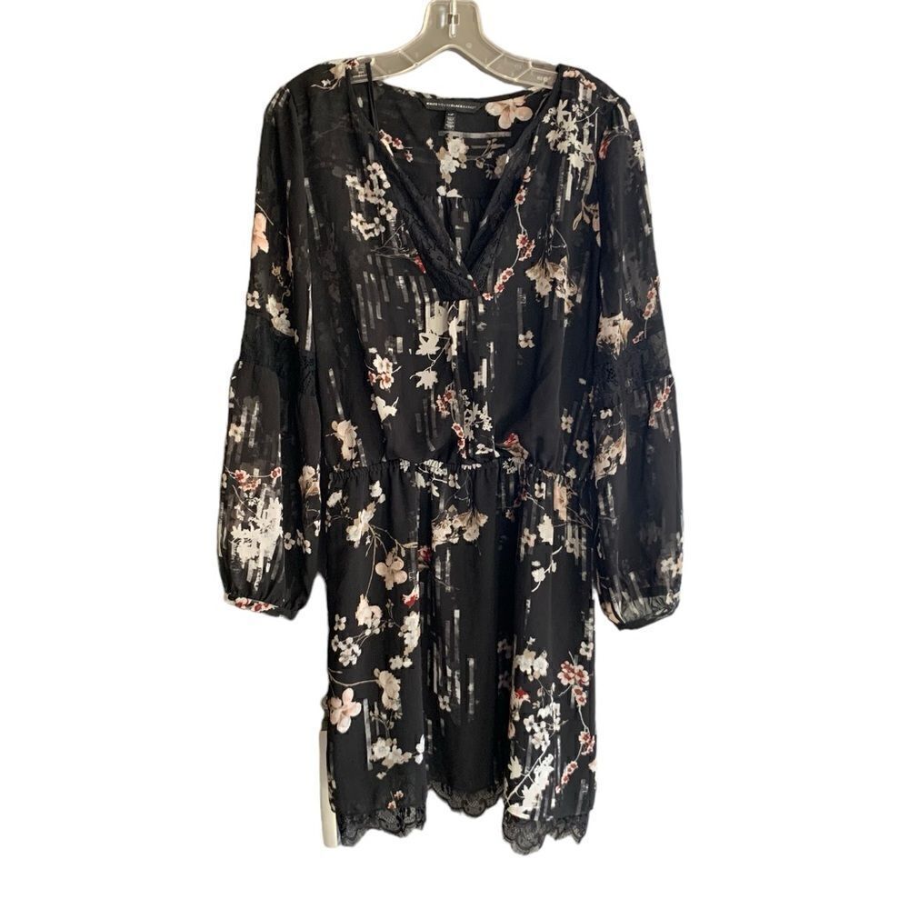 White House Black Market Black Midi Dress with White & Red Flowers Size 14P